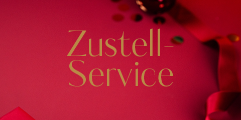 Ein roter Hintergrund mit dem Wort „Zustell-Service“ in goldener Schrift in der Mitte. Das Bild weist dekorative Elemente wie Bänder und Konfetti in den Ecken auf, die für eine festliche Note sorgen.