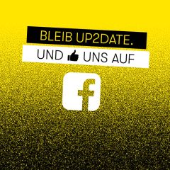 Gelb-schwarzer Farbverlaufshintergrund mit dem Text BLEIB UP2DATE UND LIKE UNS AUF über einem Facebook-Logo.