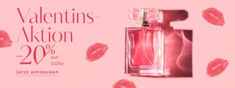 Eine Valentinstagsaktion mit rosafarbenem Thema für Parfüme, die eine Parfümflasche zeigt, die von Lippenstift-Kussspuren umgeben ist. Der Text lautet „Valentins-Aktion -20 % auf Düfte. Jetzt entdecken“ auf rosa Hintergrund.