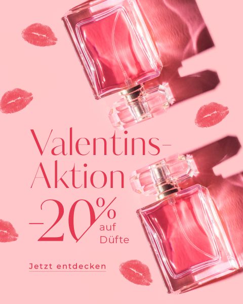 Zwei Parfümflaschen auf rosa Hintergrund mit Lippenstiftspuren. Der Text lautet „Valentins-Aktion -20 % auf Düfte Jetzt entdecken“ und wirbt für einen Parfümverkauf zum Valentinstag mit 20 % Rabatt.