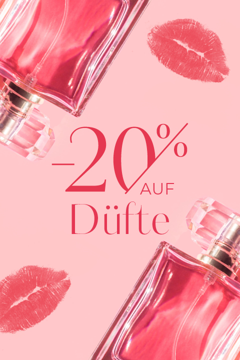 Eine Anzeige im Pink-Stil mit zwei Parfümflaschen, roten Lippenstiftflecken und dem Text „-20 % auf Düfte“ in fetten roten Buchstaben.