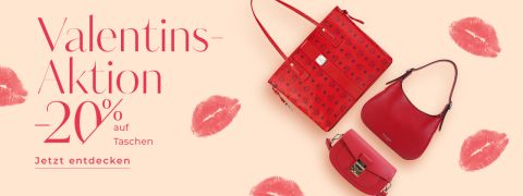 Valentinstagsaktion für Taschen mit 20 % Rabatt. Das Bild zeigt drei rote Handtaschen auf rosa Hintergrund mit Lippenstiftabdrücken. Text auf Deutsch.