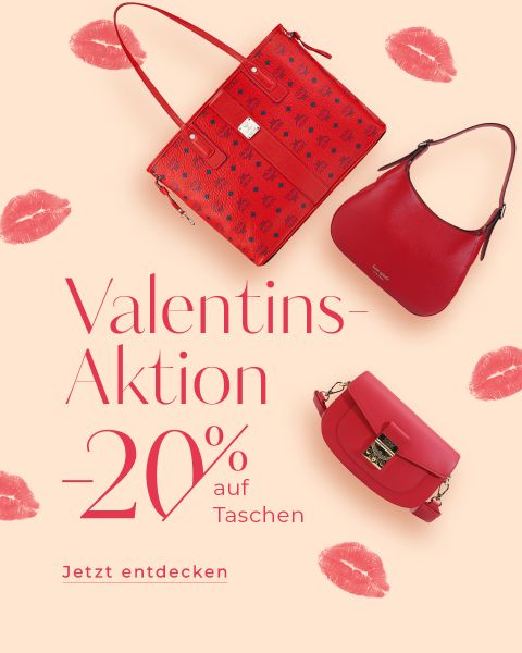 Werbebild mit drei roten Handtaschen auf einem blassrosa Hintergrund mit Lippenstift-Kussspuren. Der Text auf Deutsch lautet „Valentins-Aktion -20 % auf Taschen. Jetzt entdecken“, was auf einen Valentinstagsverkauf mit 20 % Rabatt auf Taschen hinweist.