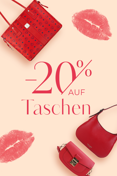 Werbebild mit drei roten Handtaschen auf hellem Hintergrund. Der Text lautet „-20 % auf Taschen“ und wird von Lippenstiftabdrücken begleitet.