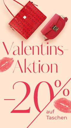 Werbebild mit zwei roten Handtaschen auf beigem Hintergrund mit Text auf Deutsch: „Valentins-Aktion -20 % auf Taschen“ und Lippenstift-Kussspuren.