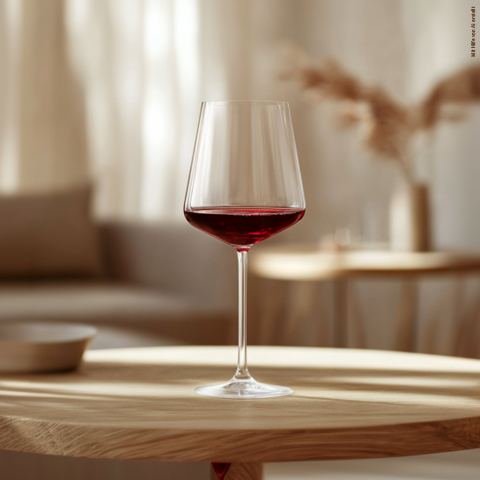 Ein Glas Rotwein steht auf einem Holztisch in einem sanft beleuchteten Raum. Der Hintergrund ist verschwommen, beigefarbene Vorhänge und Möbel in neutralen Tönen schaffen eine warme, einladende Atmosphäre.