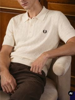 Ein Mann in einem cremefarbenen Strick-Poloshirt mit gesticktem Logo sitzt auf einem beigen Stuhl, die Arme entspannt, und trägt eine braune Hose. Im Hintergrund sind Holzschränke zu sehen.