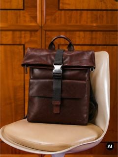 Ein brauner Lederrucksack mit einer Vordertasche liegt auf einem beigen Stuhl vor einem Holzschrank.