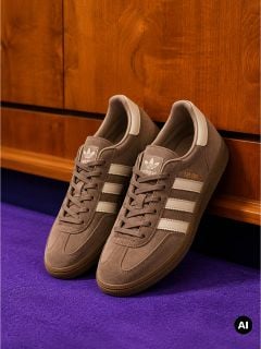 Ein Paar beige-braune Sneaker mit weißen Schnürsenkeln steht vor einem hölzernen Hintergrund auf einem violetten Boden.