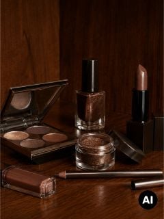 Eine Auswahl an Make-up-Produkten in Brauntönen, darunter Lidschatten, Lippenstift, Nagellack, Lipgloss, Kajalstift und loser Pigmentpuder, auf einer Holzunterlage.