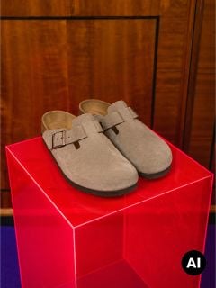 Ein Paar beigefarbene Wildleder-Clogs mit Schnallen, die auf einem roten, durchsichtigen Sockel vor einer Holzwand stehen.