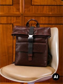 Ein brauner Lederrucksack mit einer Vordertasche liegt auf einem beigen Stuhl vor einem Holzschrank.