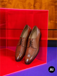 Ein Paar braune Leder-Anzugschuhe, präsentiert in einer rosa durchsichtigen Schachtel auf einem violetten Untergrund.