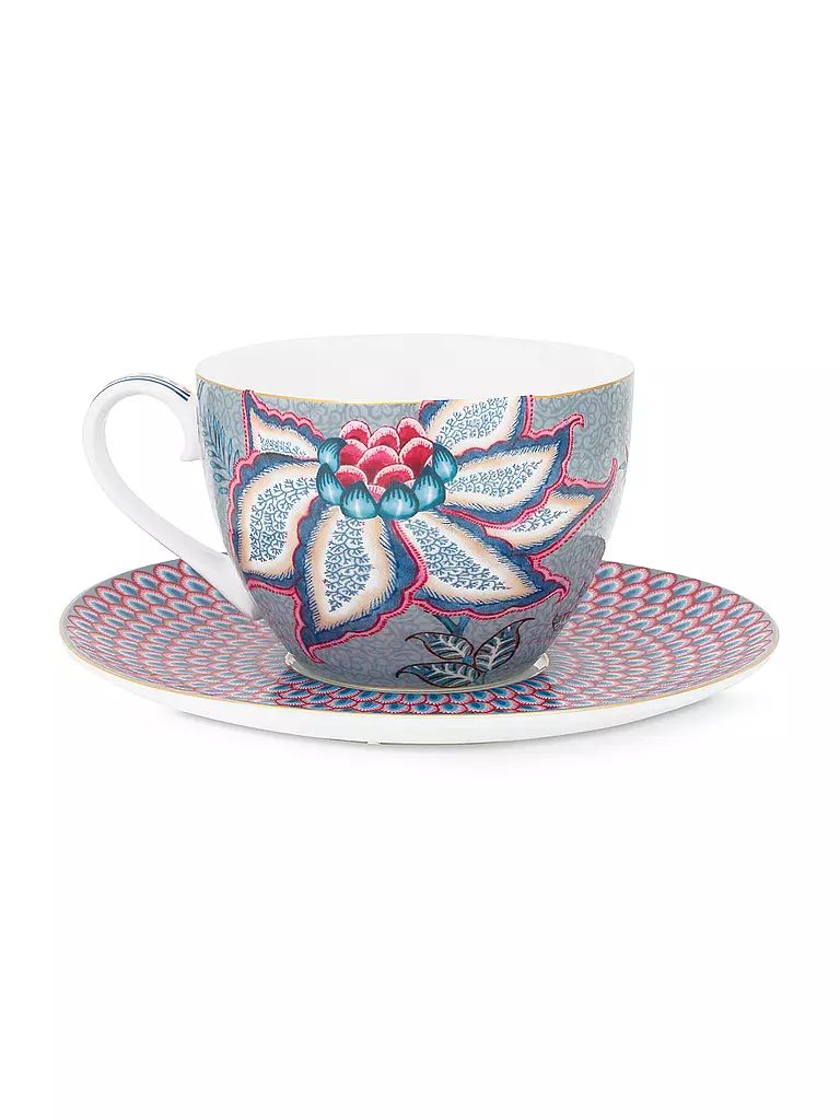 PIP STUDIO | Cappuccinotasse mit Untertasse 280ml FLOWER FESTIVAL Light Blue | hellblau